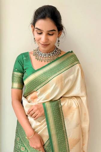 Cream Green silk blend saree with blouse piece