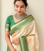 Cream Green silk blend saree with blouse piece