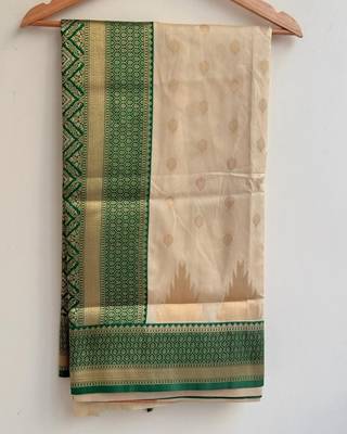 Cream Green silk blend saree with blouse piece 3
