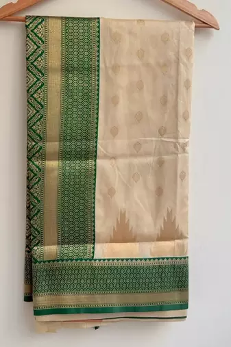 Cream Green silk blend saree with blouse piece