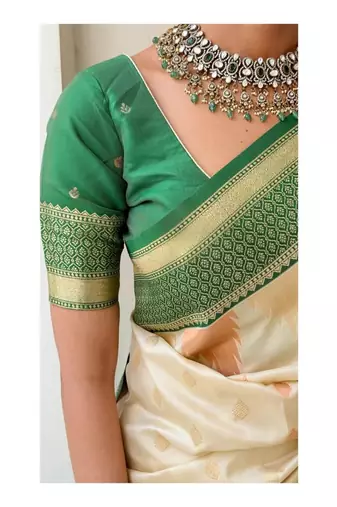 Cream Green silk blend saree with blouse piece