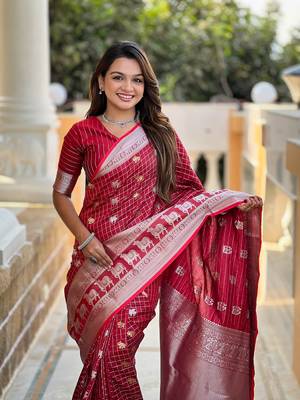 Red Soft Silk blend Designer Saree 1