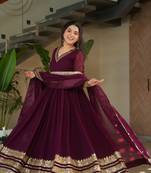 Wine Readymade Long Kurti & Dupatta With Embroidery Zari Sequins Work