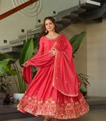 Peach Embroidery Zari Sequins Work Long Kurti with Dupatta 