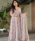 Multicolor Floral  Print work Gown with Dupatta 