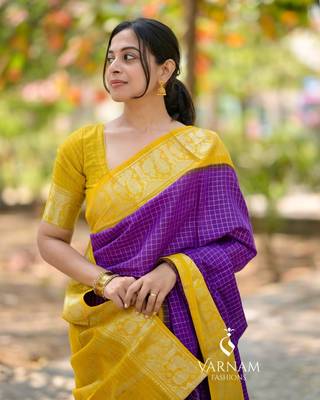 purple Banarasi Soft Silk blend Saree With Blouse 5