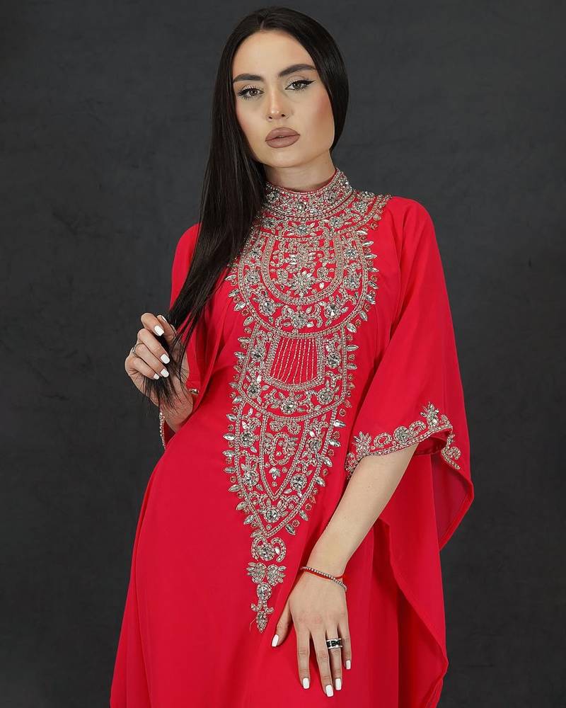 Red Moroccan Dubai Kaftans Farasha Abaya Dress Very Fancy Long Gown 