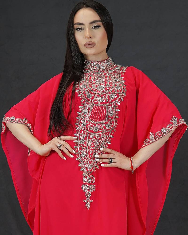 Red Moroccan Dubai Kaftans Farasha Abaya Dress Very Fancy Long Gown 