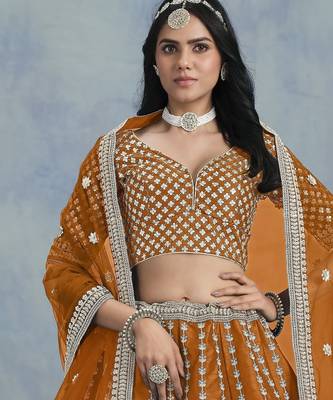 OrangeEmbroidered Art silk blend Lehenga Choli With Blouse 1