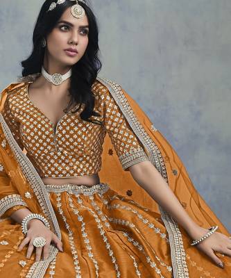OrangeEmbroidered Art silk blend Lehenga Choli With Blouse 3