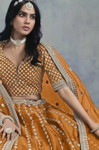 OrangeEmbroidered Art Silk Lehenga Choli With Blouse