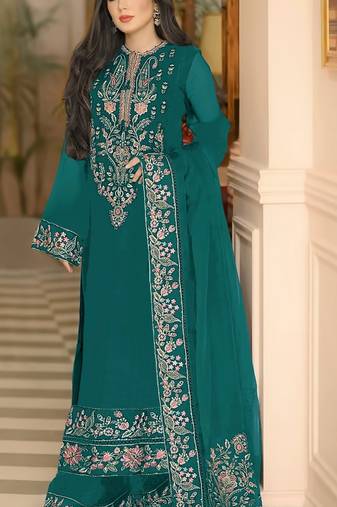 Green heavy georgette with embroidery work with fancy lace