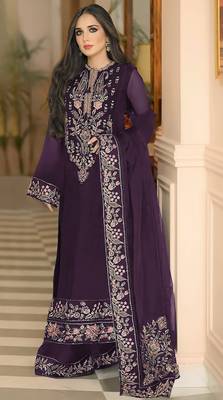 Dark purple heavy georgette with embroidery work with fancy lace 1