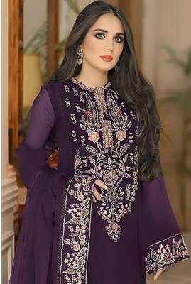 Dark purple heavy georgette with embroidery work with fancy lace 2