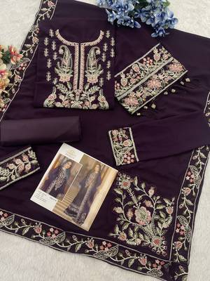 Dark purple heavy georgette with embroidery work with fancy lace 3