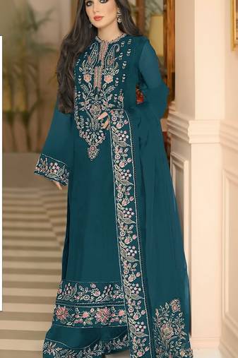 Teal green heavy georgette with embroidery work with fancy lace