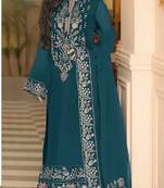 Teal green heavy georgette with embroidery work with fancy lace