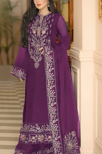 Wine heavy georgette with embroidery work with fancy lace