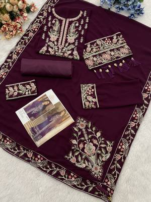 Wine heavy georgette with embroidery work with fancy lace 3