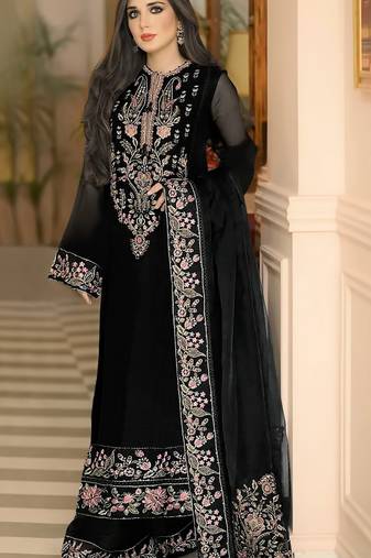 Black heavy georgette with embroidery work with fancy lace