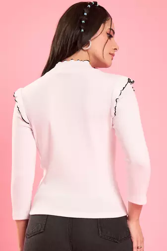White ruffle trim ribbed top