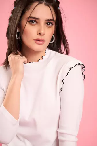 White ruffle trim ribbed top
