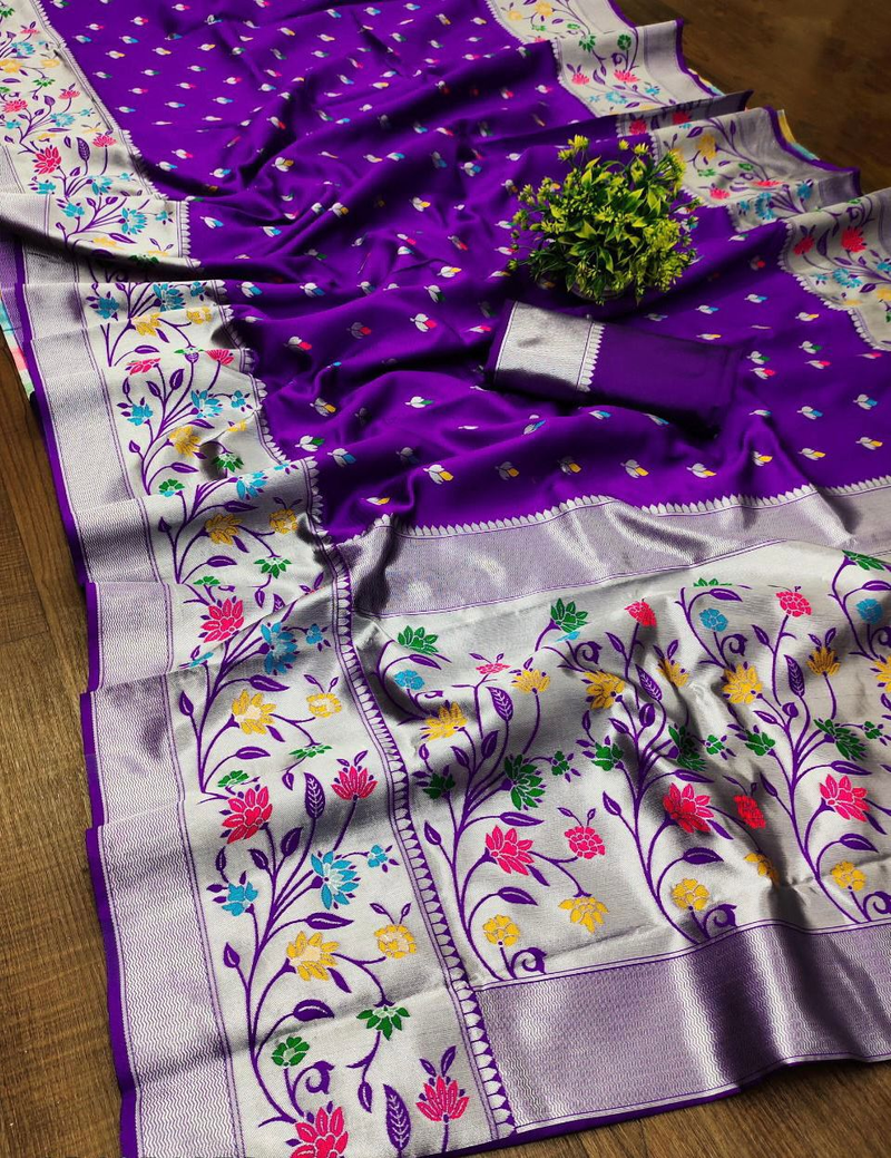 Purple Paithani Jacquard art Silk Saree With Blouse Piece.