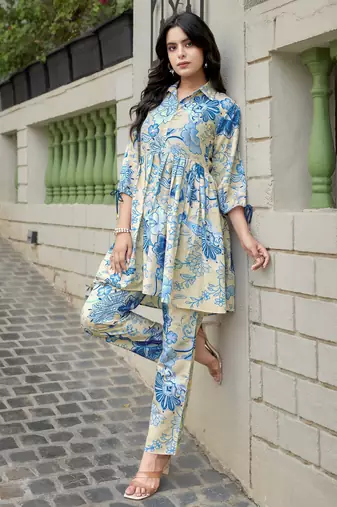 Mojilaa women's blue rayon floral printed party co-ord set