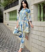 Mojilaa women's blue rayon floral printed party co-ord set