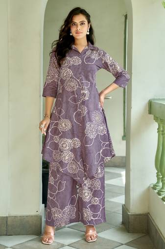 Mojilaa women's lavender khadi cotton floral printed party co-ord set