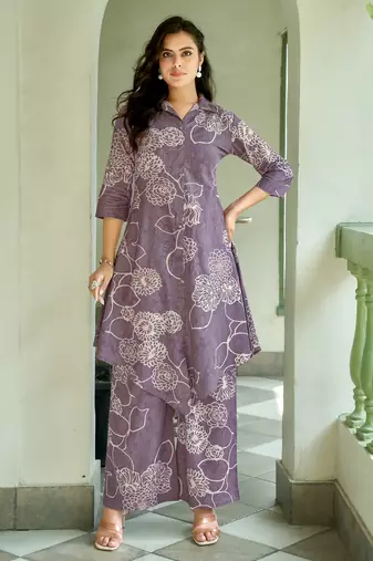 Mojilaa women's lavender khadi cotton floral printed party co-ord set