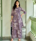 Mojilaa women's lavender khadi cotton floral printed party co-ord set