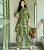 Mojilaa women's green khadi cotton floral printed party co-ord set