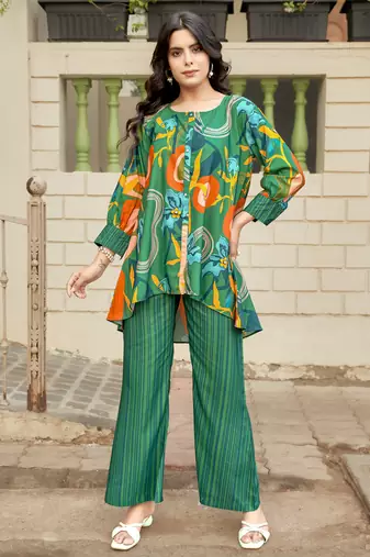 Mojilaa women's multicolor rayon geometric party co-ord set