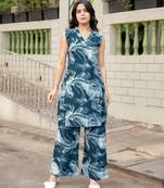 Mojilaa women's blue rayon abstract print party co-ord set