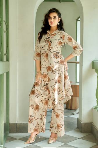 Mojilaa women's brown khadi cotton floral printed party co-ord set