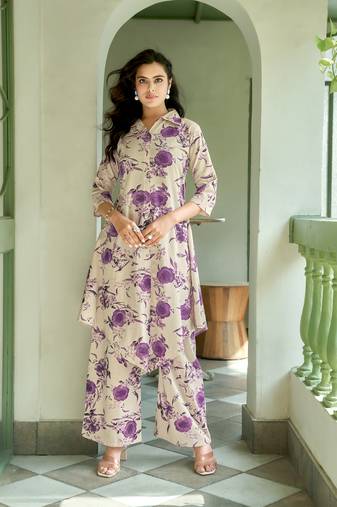 Mojilaa women's purple khadi cotton floral printed party co-ord set