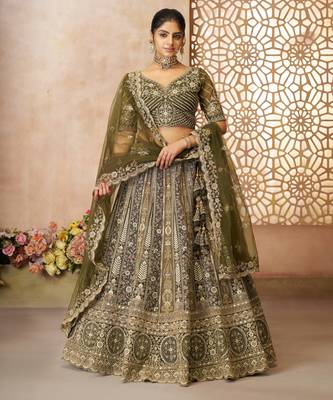 Mehendi Thread worked Net Lehenga with Unstiched Blouse 1
