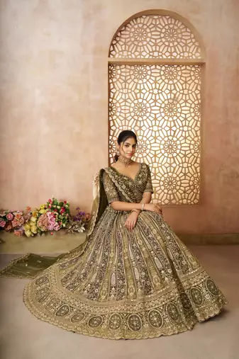 Mehendi Thread worked Net Lehenga with Unstiched Blouse