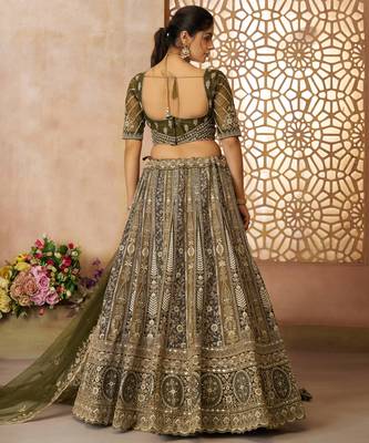 Mehendi Thread worked Net Lehenga with Unstiched Blouse 3