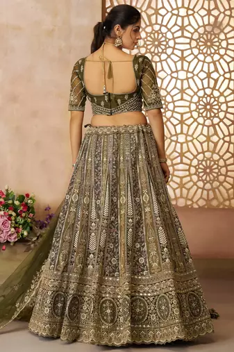 Mehendi Thread worked Net Lehenga with Unstiched Blouse