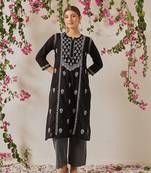 Hand embroidered black cotton lucknowi chikankari straight kurta