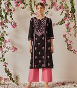 Hand embroidered black cotton lucknowi chikankari straight kurta