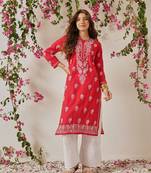 Hand embroidered red cotton lucknowi chikankari straight kurta