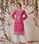 Hand embroide magenta cotton lucknowi chikankari straight kurta