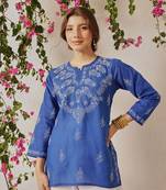 Hand embroidered dark royal blue cotton lucknowi chikankari short kurti