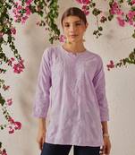 Hand embroidered lavender cotton lucknowi chikankari short kurti