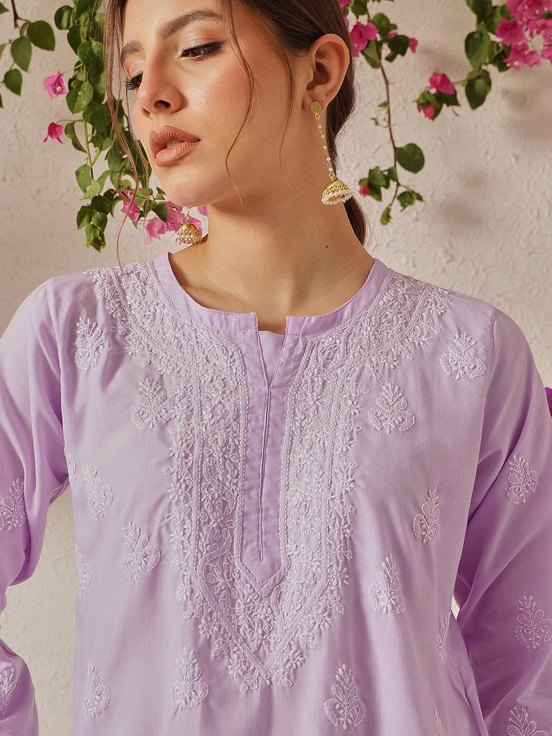Hand embroidered lavender cotton lucknowi chikankari short kurti
