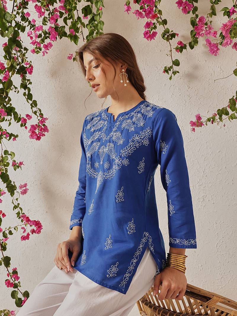 Hand embroidered dark royal blue cotton lucknowi chikankari short kurti