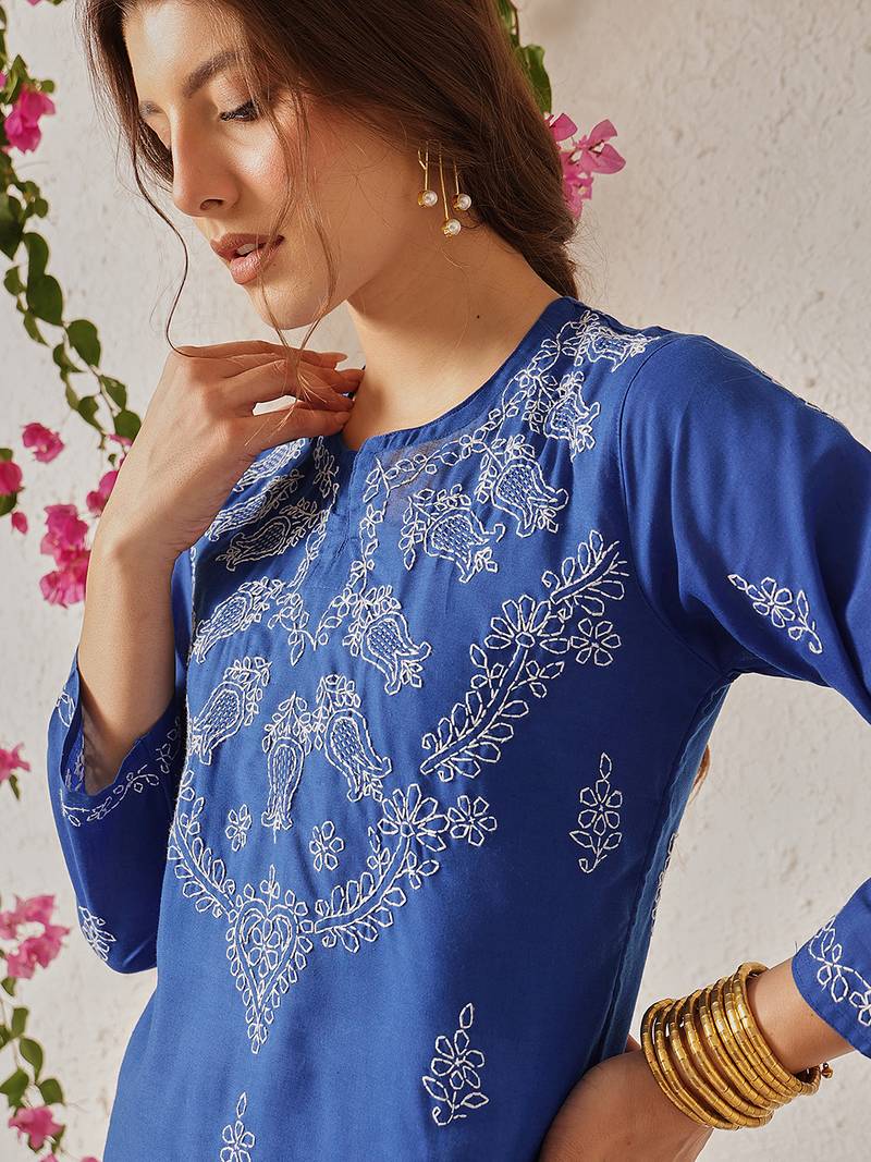 Hand embroidered dark royal blue cotton lucknowi chikankari short kurti